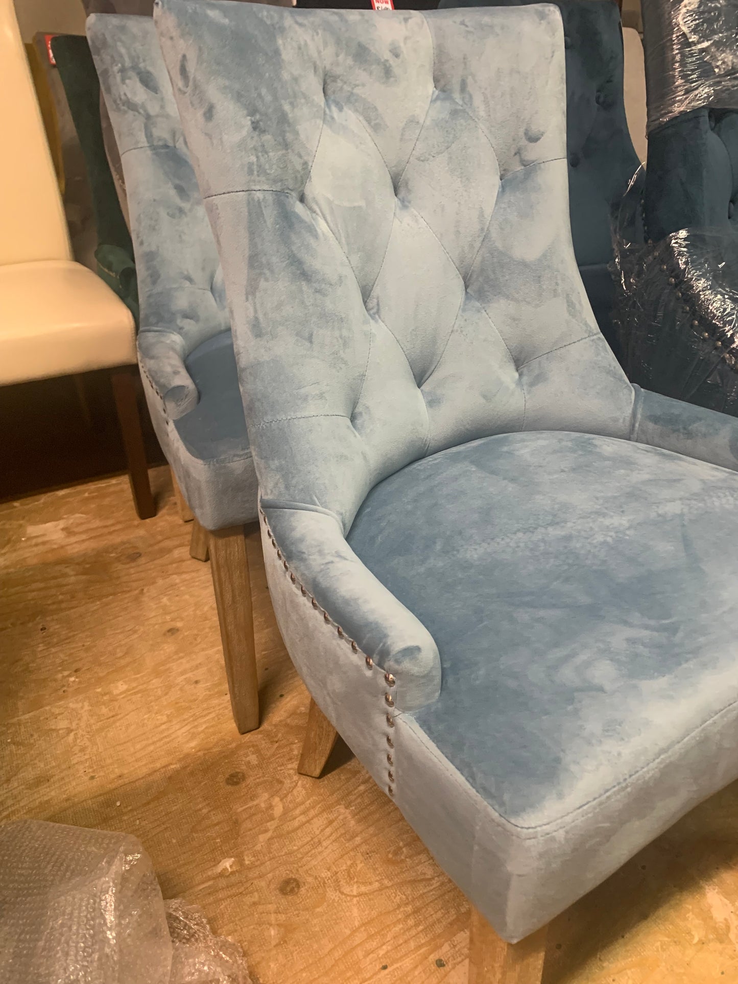 Sandy velvet dining chairs x 2 Click n collect light blue or mustard now less than half price
