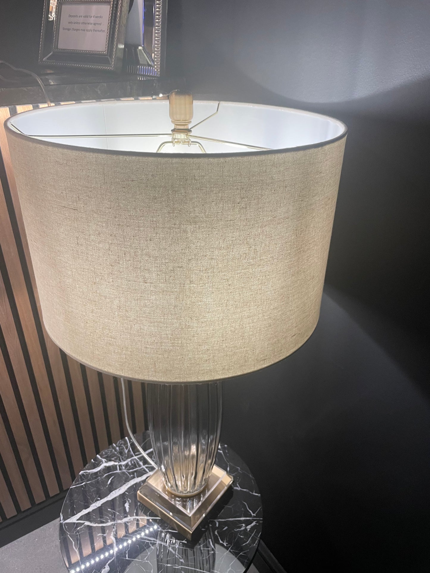 Tishan Kalmar table Lamp. smokey ribbed glass w brass base with cream shade click n collect