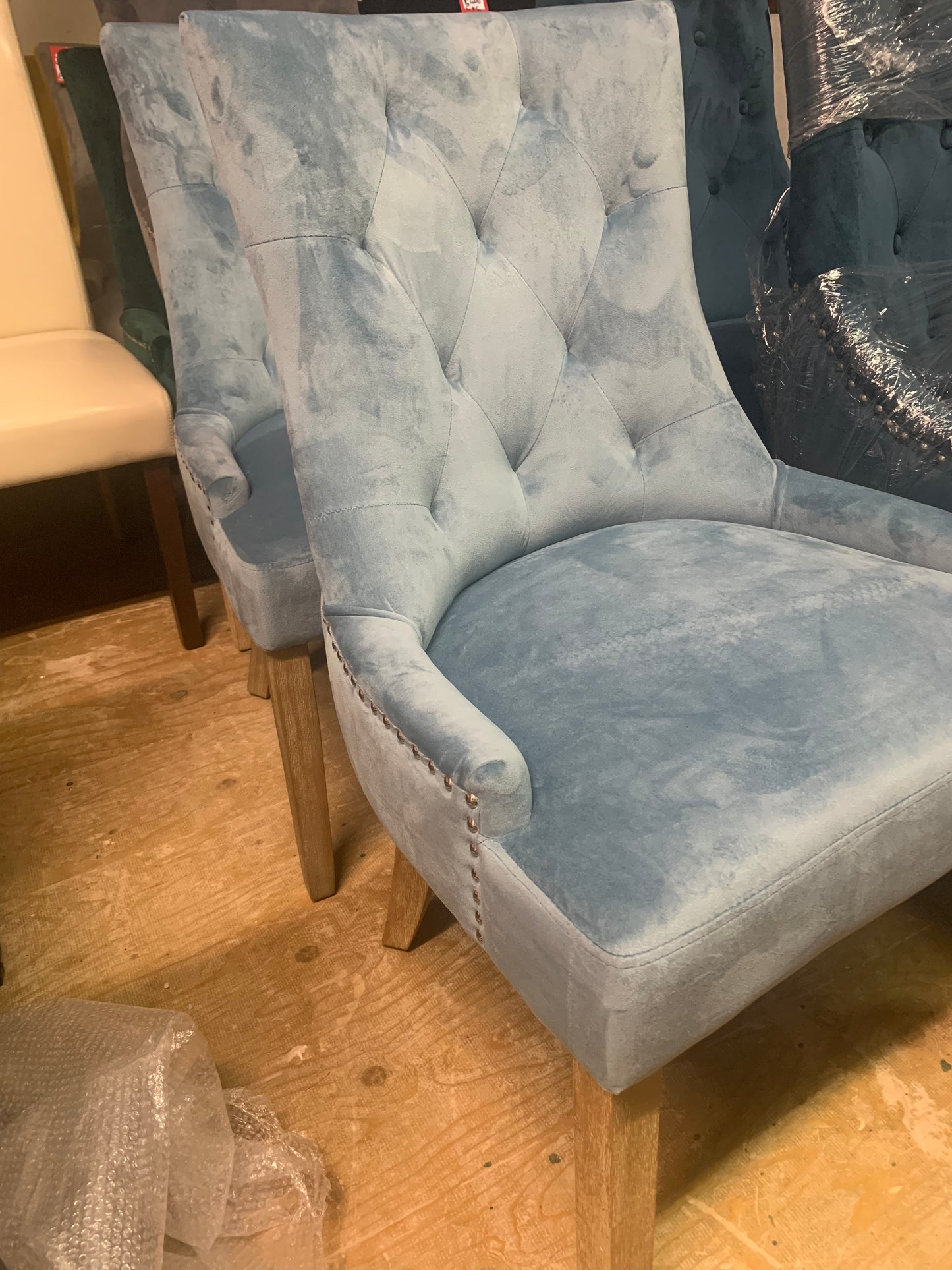 Sandy velvet dining chairs x 2 Click n collect light blue or mustard now less than half price