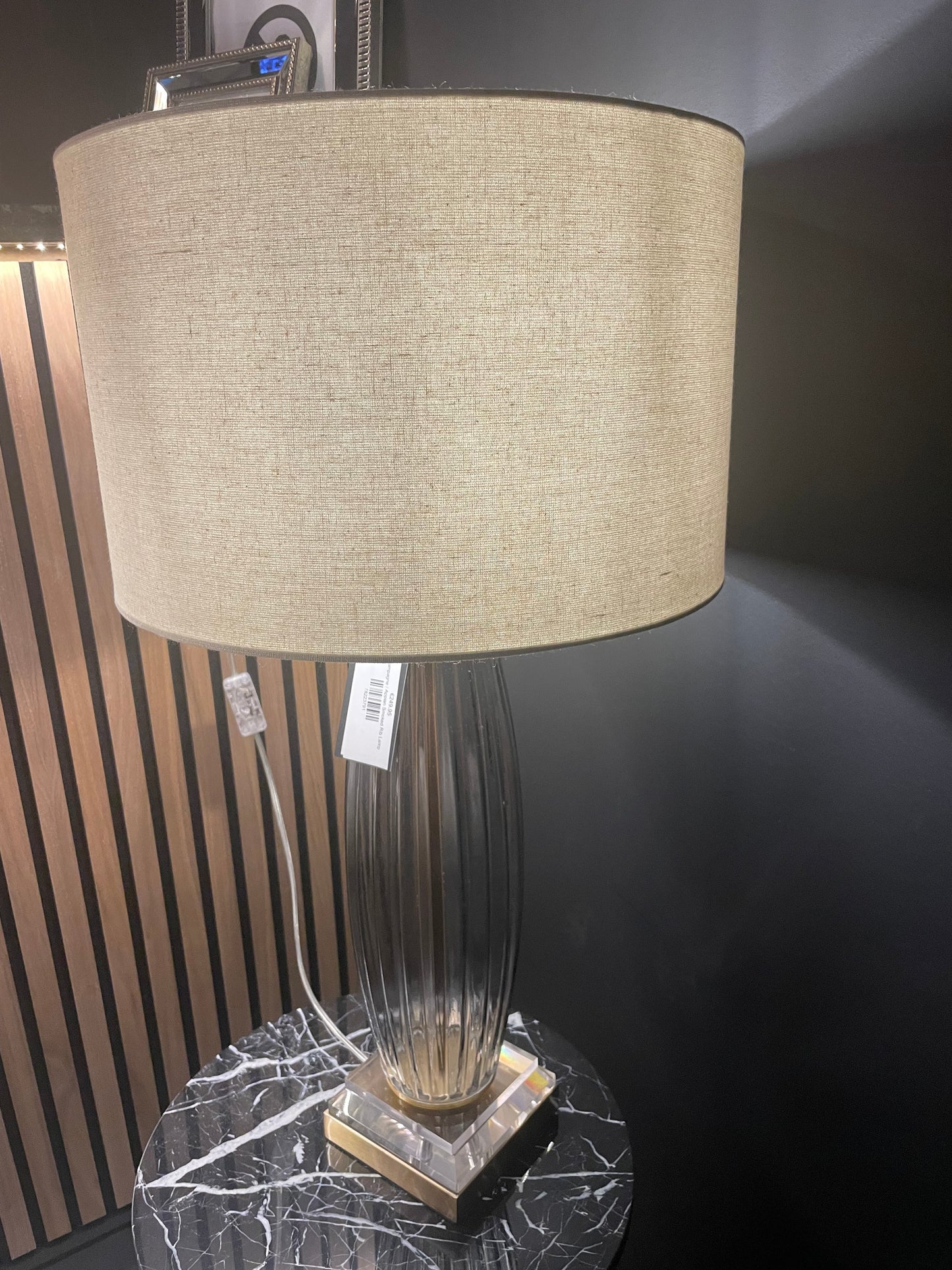 Tishan Kalmar table Lamp. smokey ribbed glass w brass base with cream shade click n collect