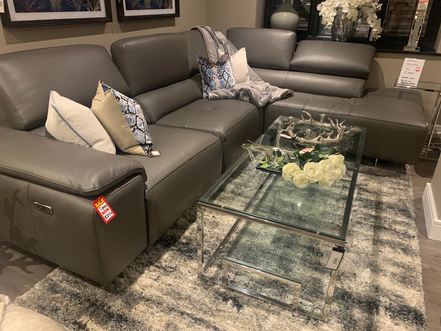 Blossom Italian top Grade grey leather chaise sofa further reduced