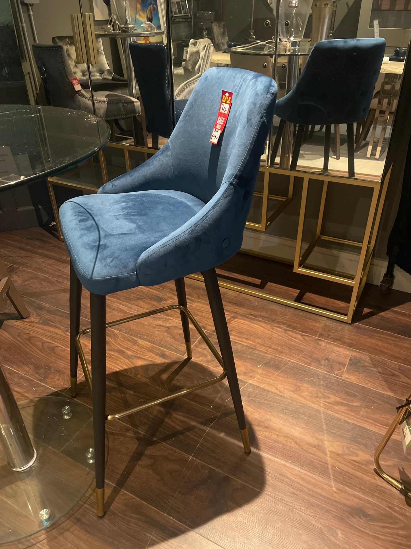 Avanza Fargo Bar Stools with gold caps .Navy or grey almost half price pop instore to purchase in outlet store. No exchange