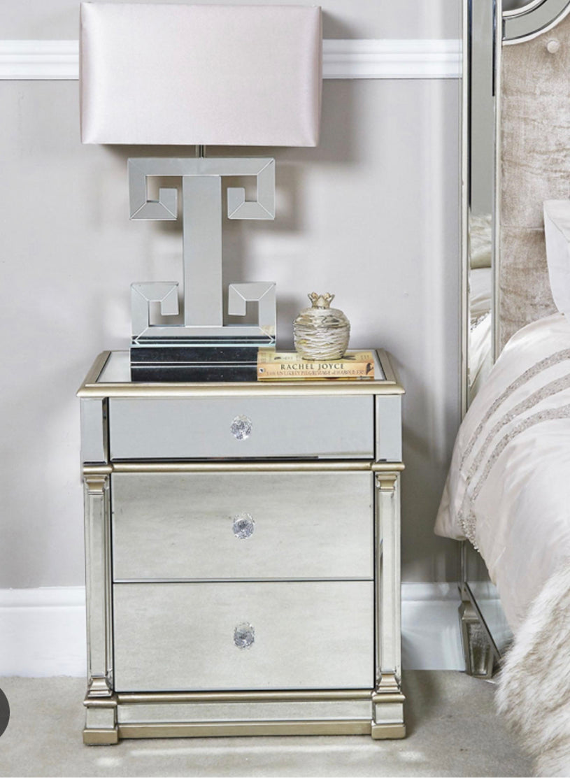 Appian Apollo 3 drawer bedside cabinet with champagne trim 40% off . purchase in store only
