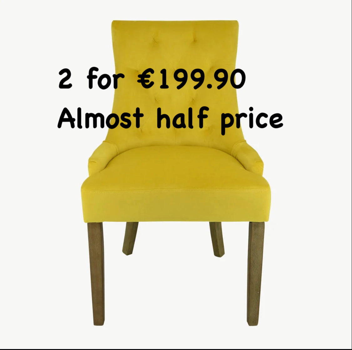 Sandy velvet dining chairs x 2 Click n collect light blue or mustard now less than half price