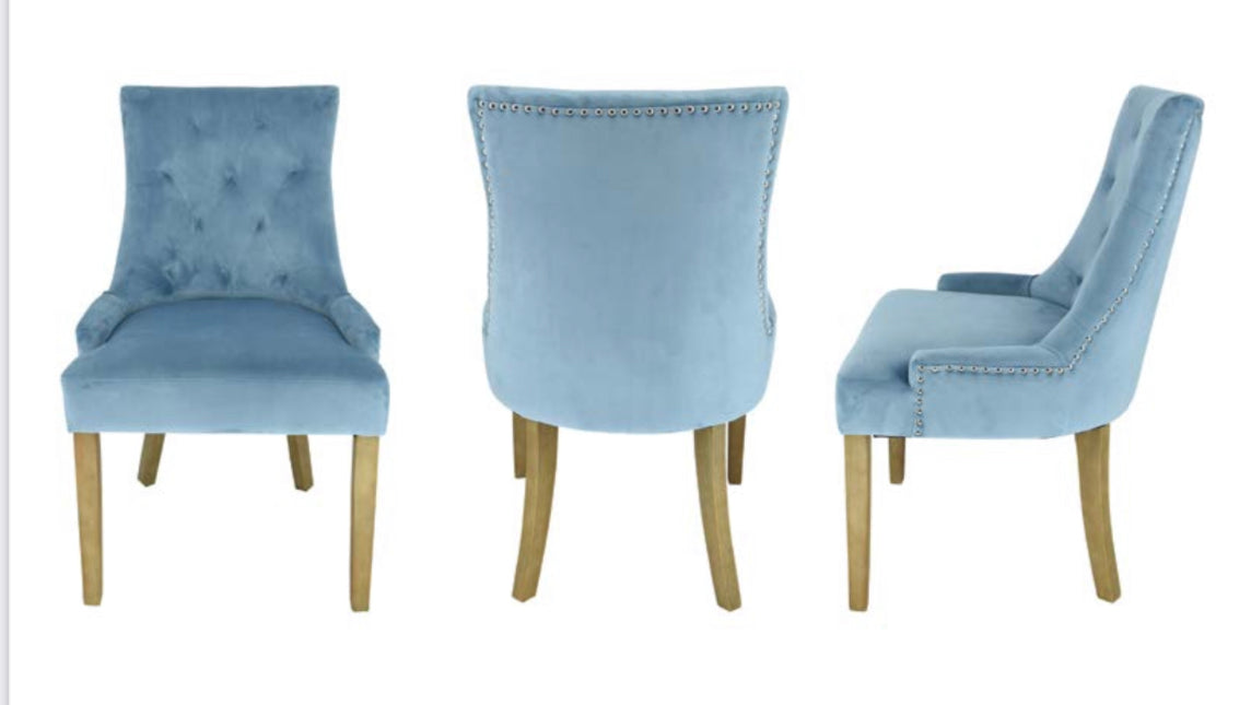 Sandy velvet dining chairs x 2 Click n collect light blue or mustard now less than half price
