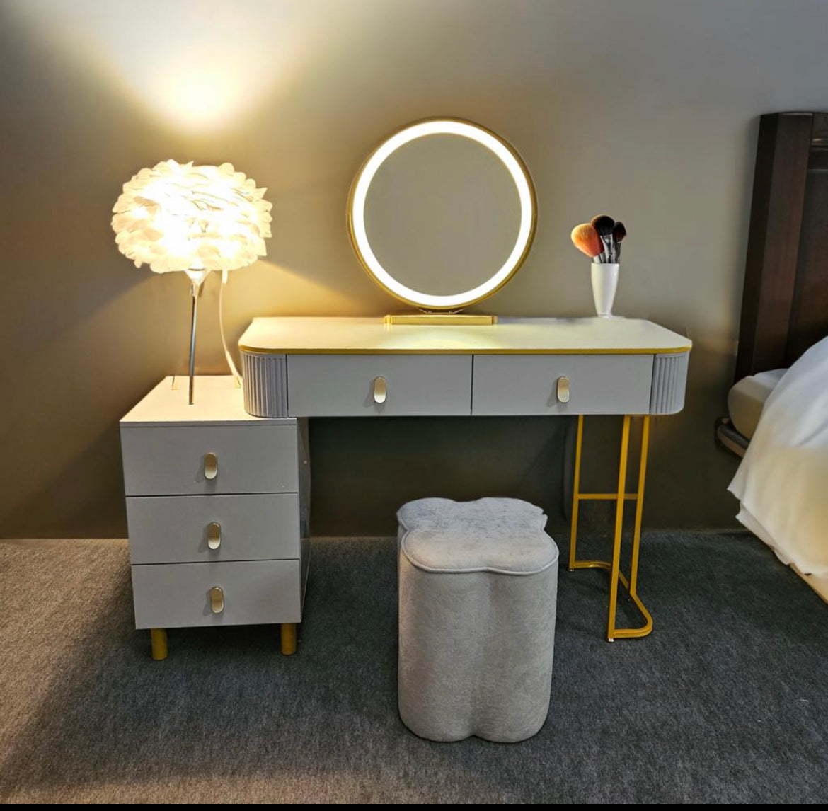 Karl 3 piece Dressing table w stool and mirror SPECIAL instore purchase . White marl .