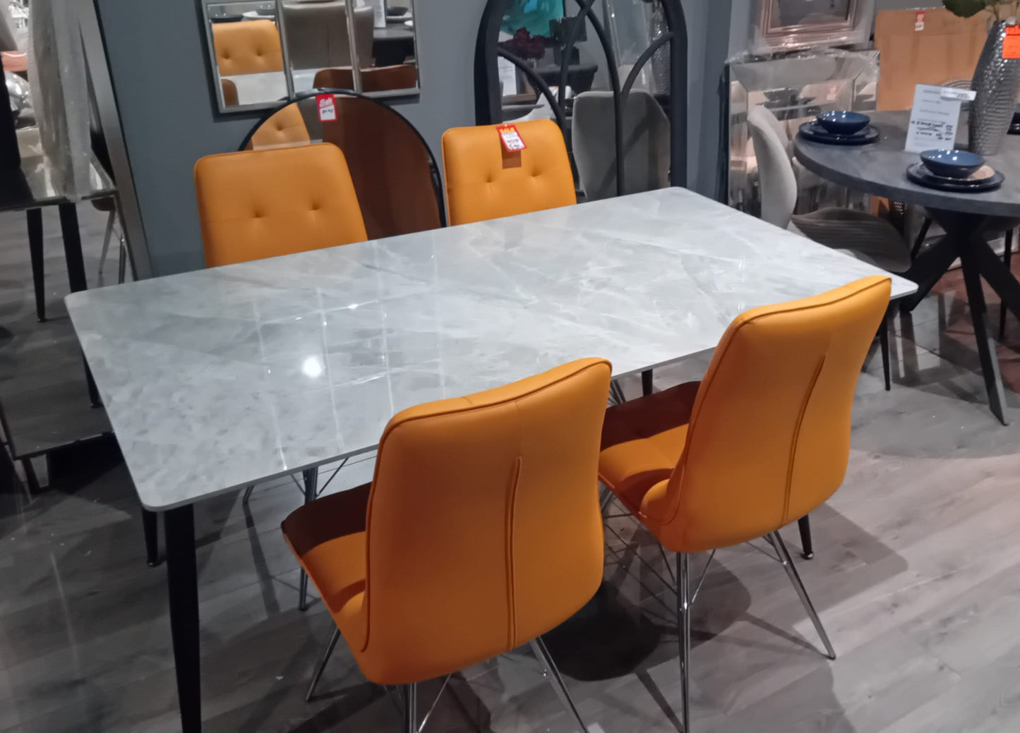 Regal marble effect dining table from €169.95! choice of colours/Size 130 cm or 160 cm . Options also with 4 chairs or 2 plus bench. Pay Instore only