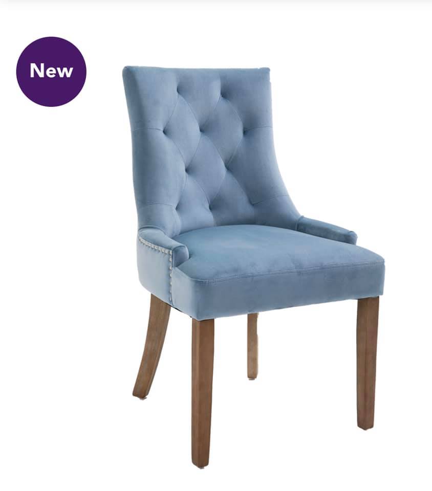Sandy velvet dining chairs x 2 Click n collect light blue or mustard now less than half price