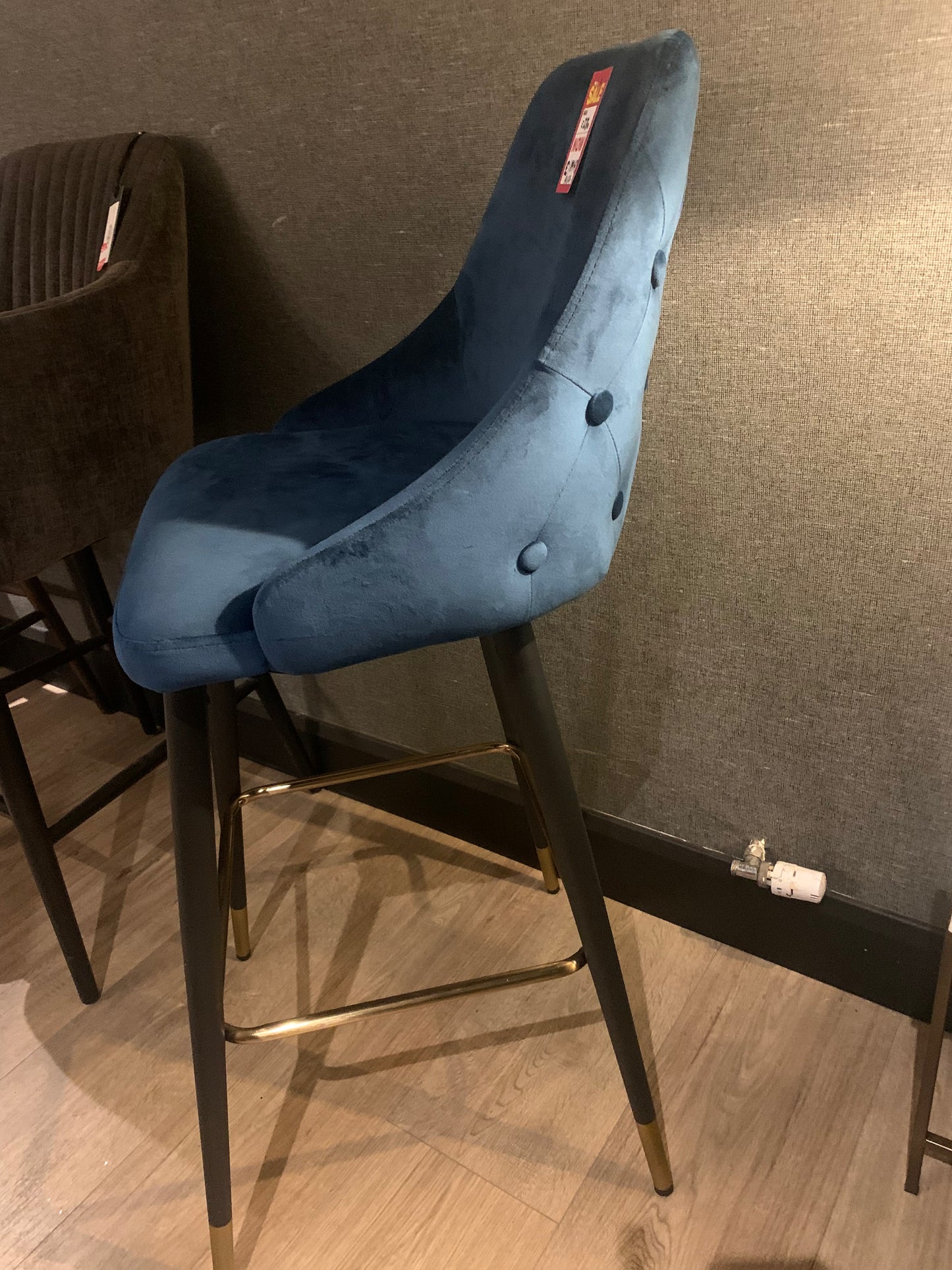 Avanza Fargo Bar Stools with gold caps .Navy or grey almost half price pop instore to purchase in outlet store. No exchange