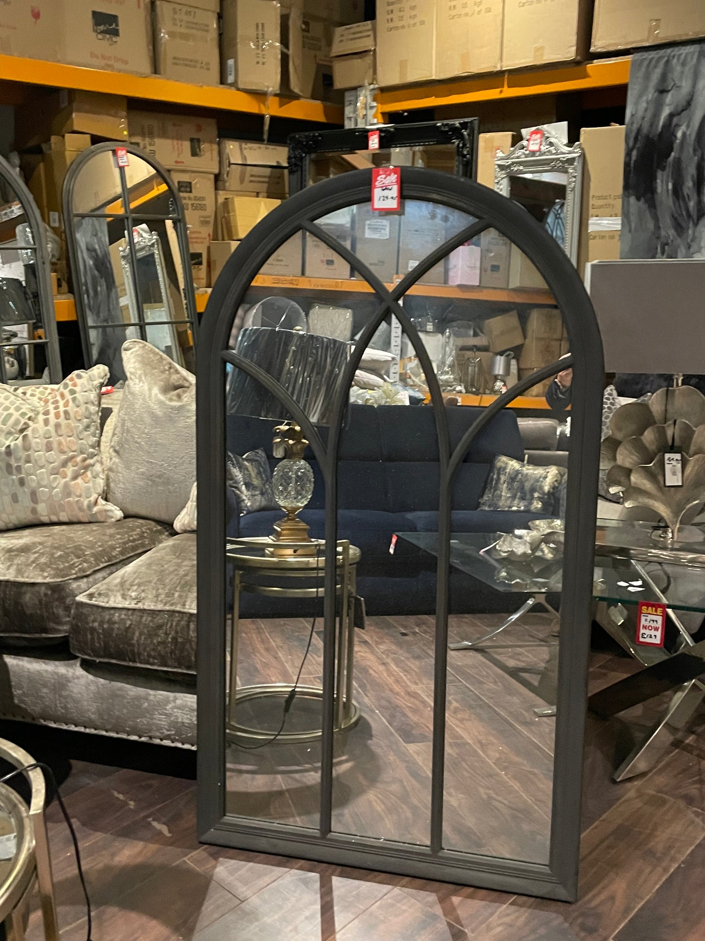 Wooden XL charcoal Arch Window mirror last one ! Reduced to purchase Instore