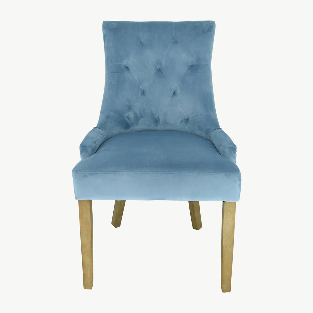 Sandy velvet dining chairs x 2 Click n collect light blue or mustard now less than half price