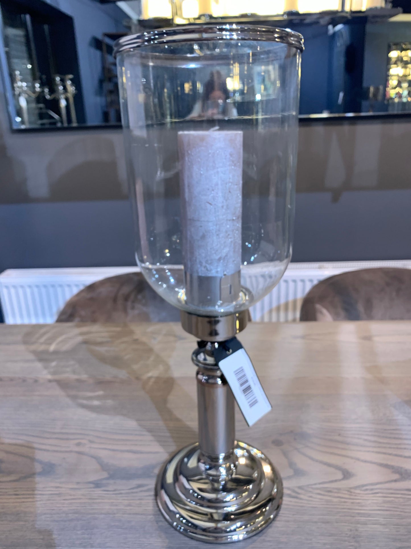 Rushford glass and nickel tall stemmed hurricane candle holder