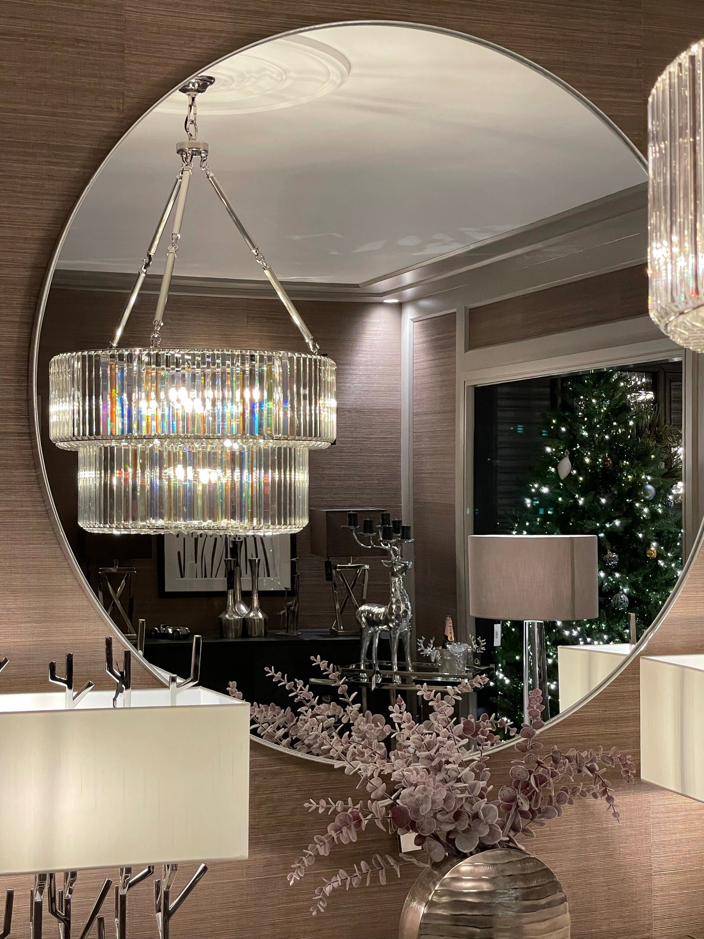 Arlene Round Mirror silver XXL size 120 cm with brushed silver frame . Clearance price is to purchase and pay in store only