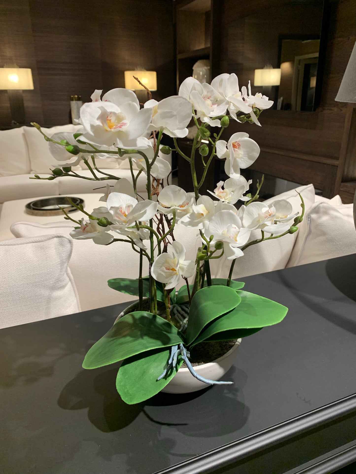 Real magic touch white orchids in white pot 43cm