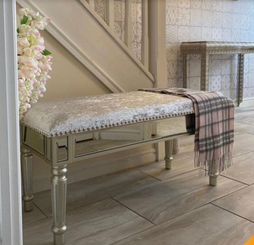 Upholstered mirrored Bench with linen Instore purchase only
