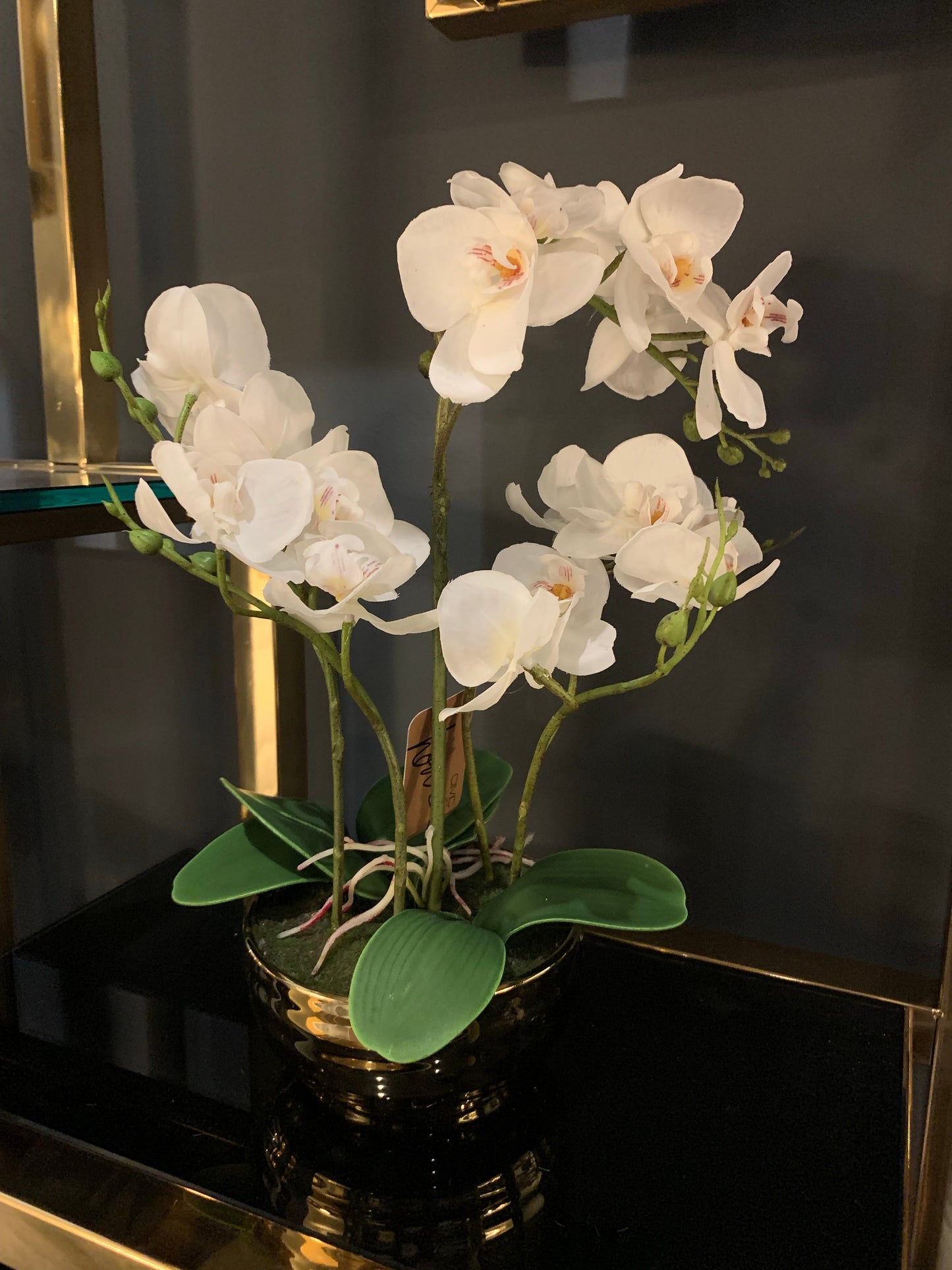 Value 35cm White Real Touch Orchid Flower in Display Gold Pot