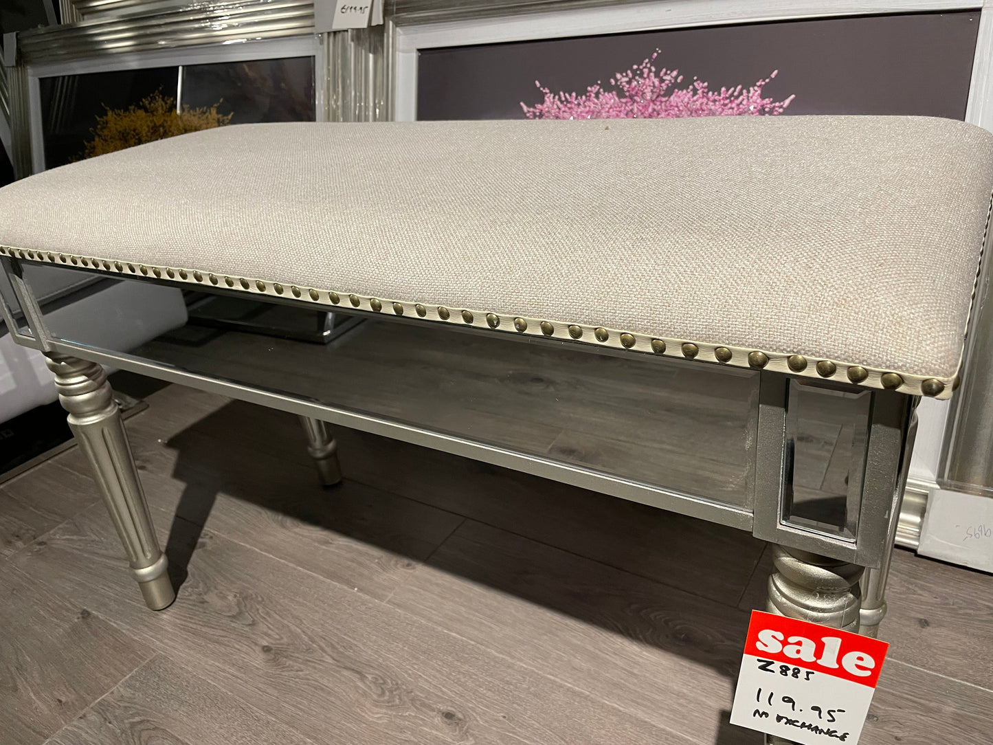 Upholstered mirrored Bench with linen Instore purchase only