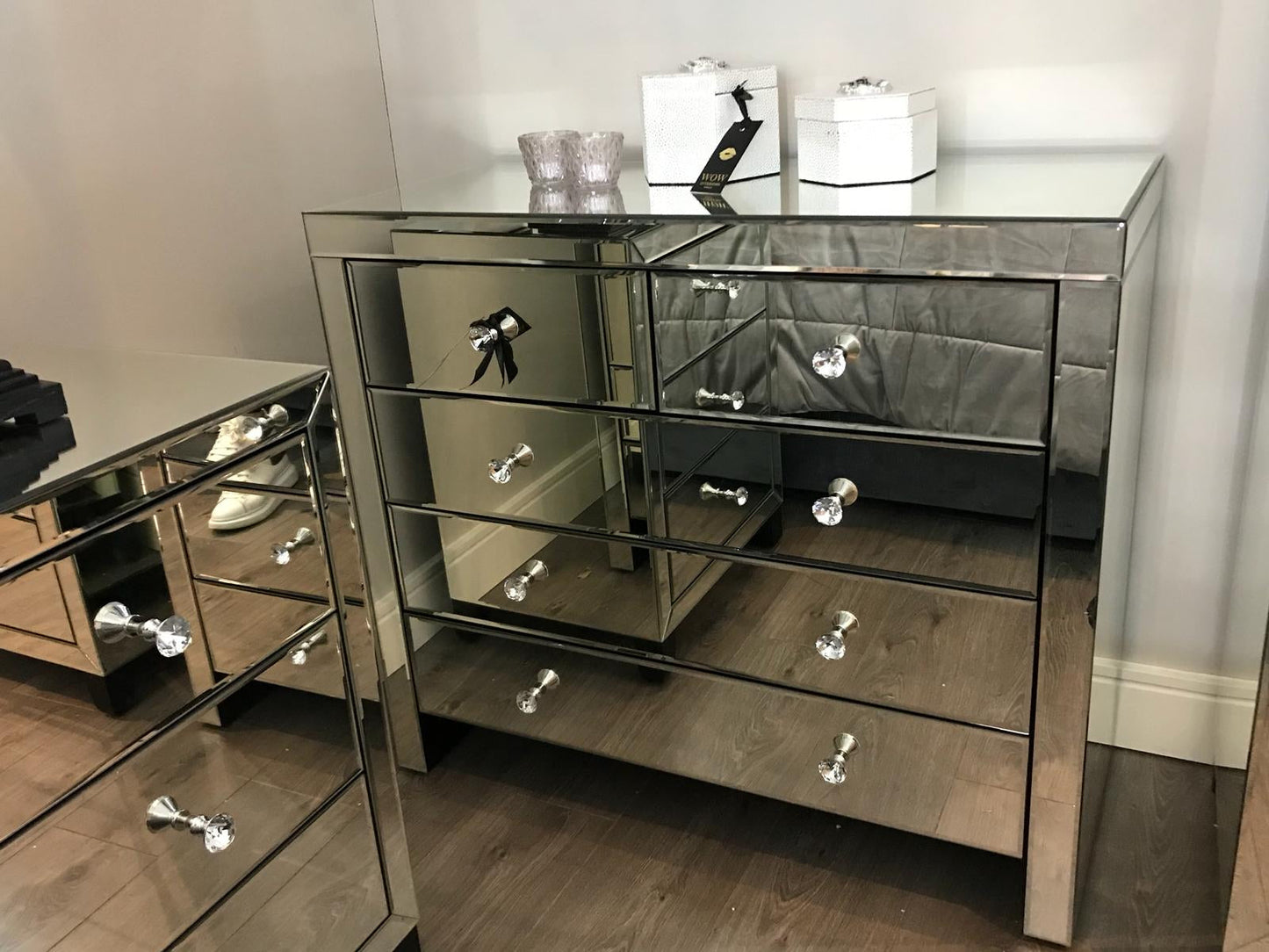 Rachel Hollywood Venetian mirrored chest of 5 drawers ex display as seen Instore purchase only