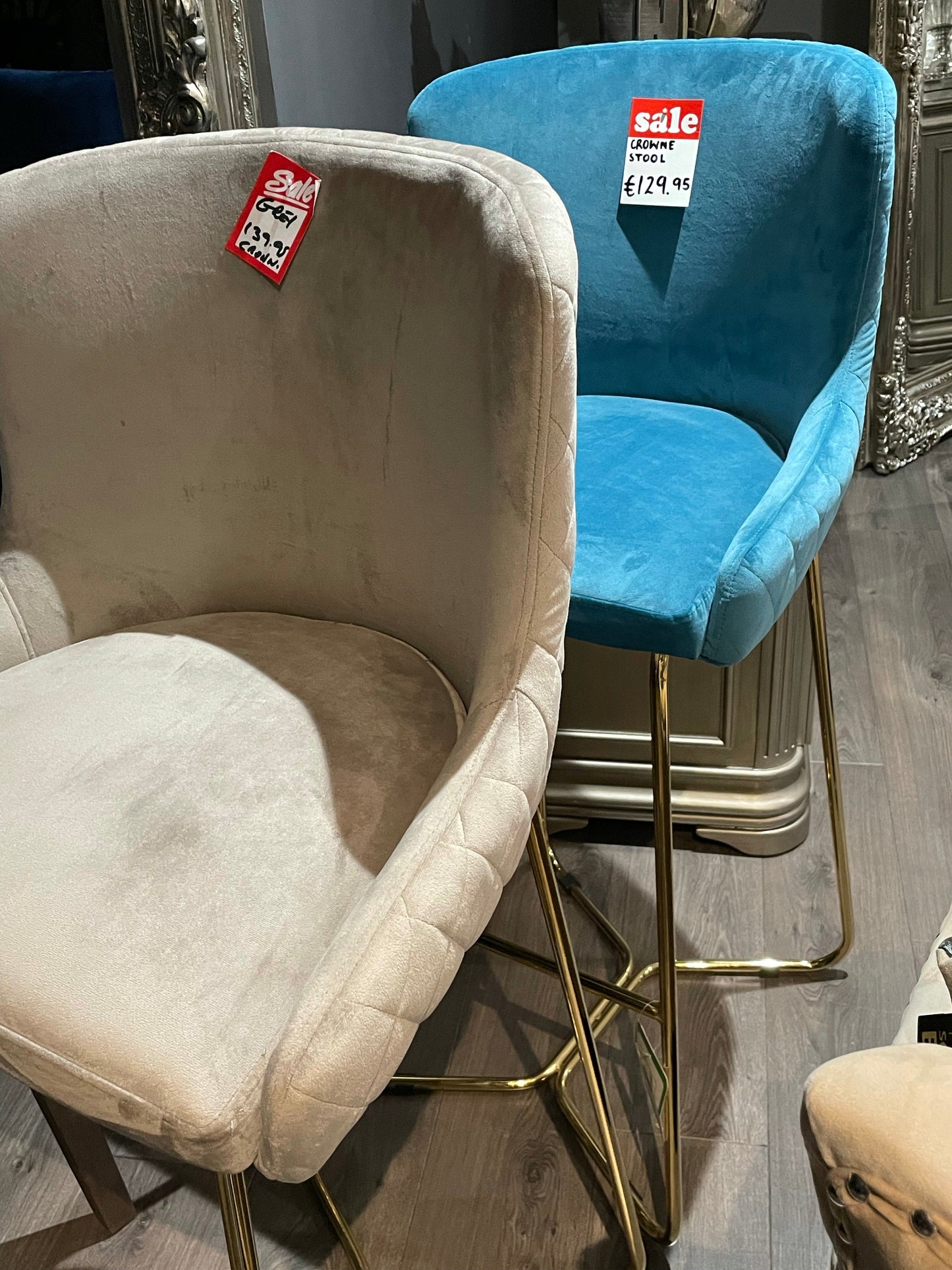 Crown Keri Bar Stools x 2 mink w gold leg for Collection only Clearance Offer