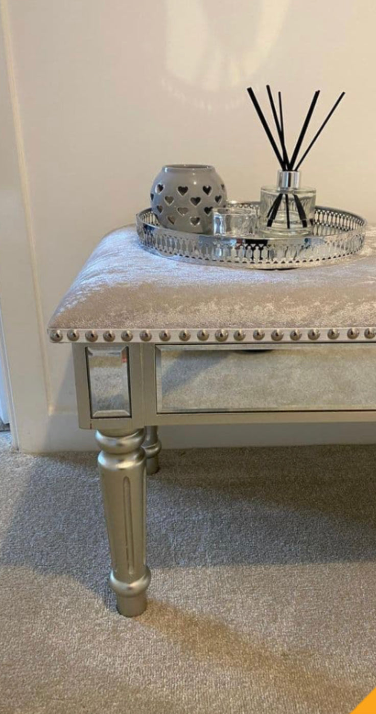 Upholstered mirrored Bench with linen Instore purchase only