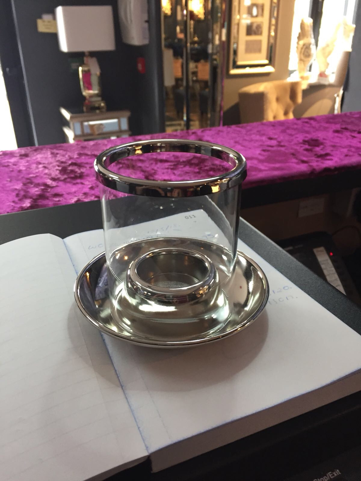 Nickel plated small candle holder with glass