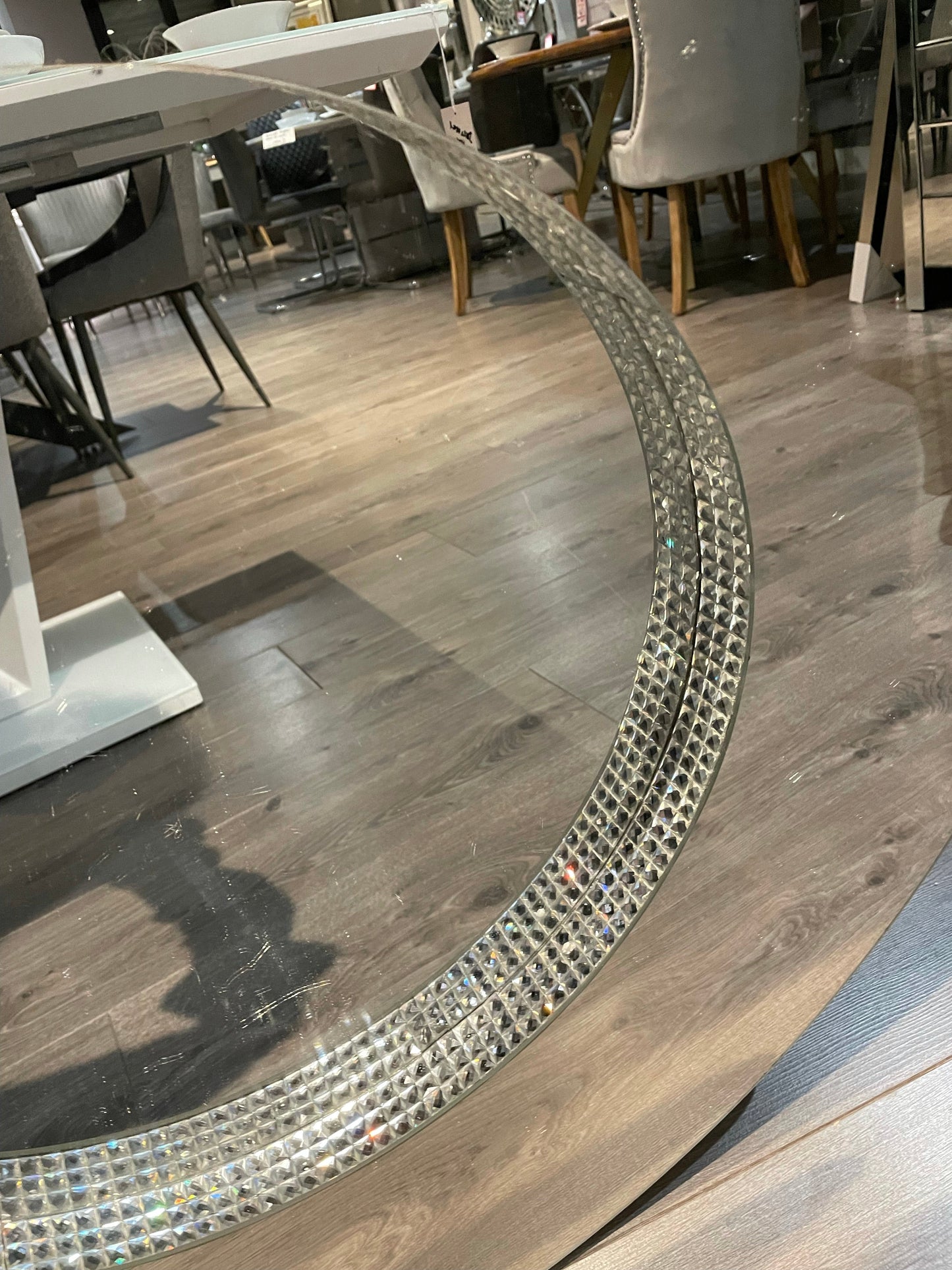 Stunning large Chic round frameless mirror with diamonte profile. Pick up only in Outlet store