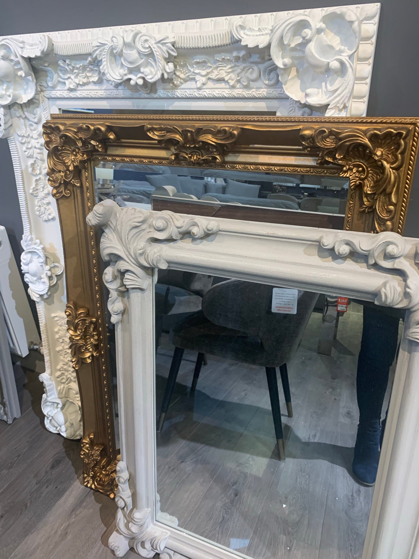 Taupe French style mirror with corner detail check availabiliy