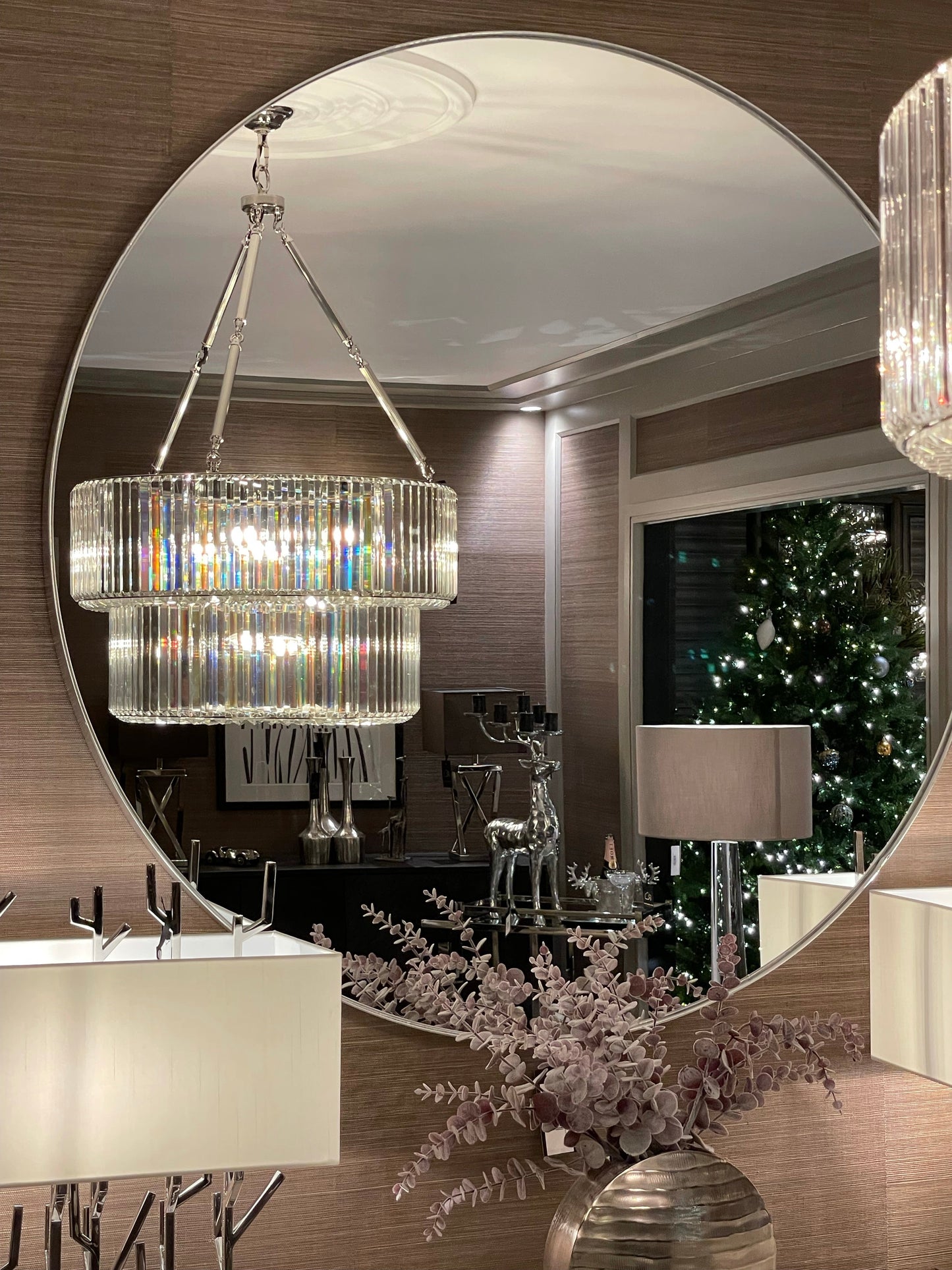 Arlene Round Mirror silver XXL size 120 cm with brushed silver frame . Clearance price is to purchase and pay in store only