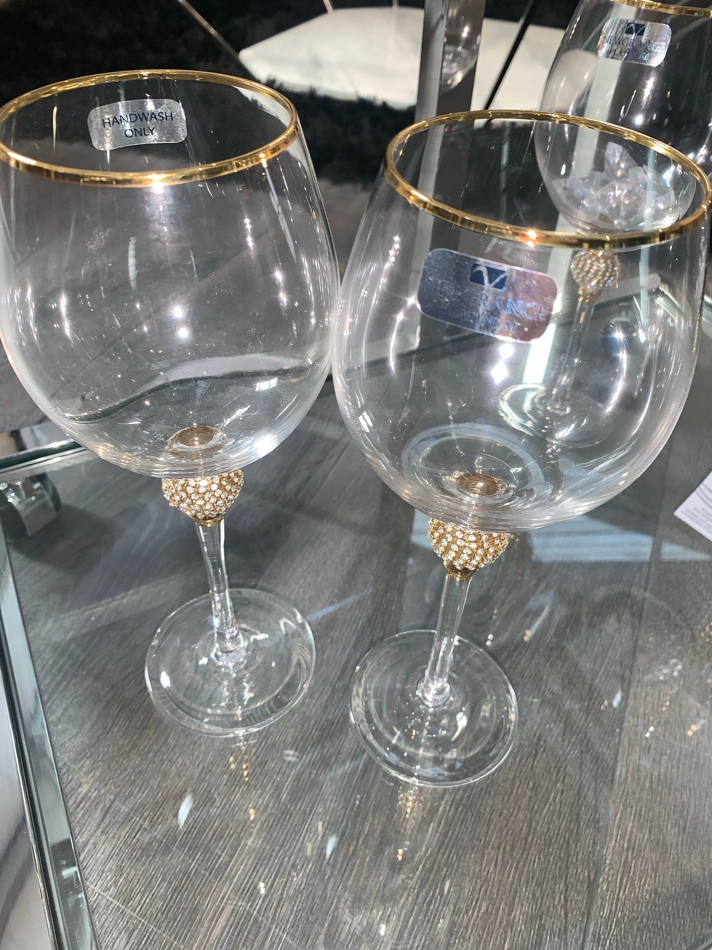 Set of 2 Platinum Goblet Diamanté Gold Wine Glasses
