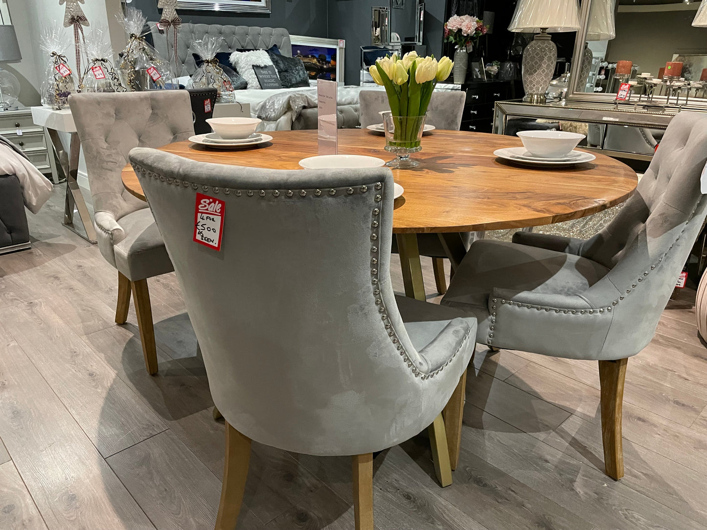 Sandy velvet dining chairs x 2 Click n collect light blue or mustard now less than half price