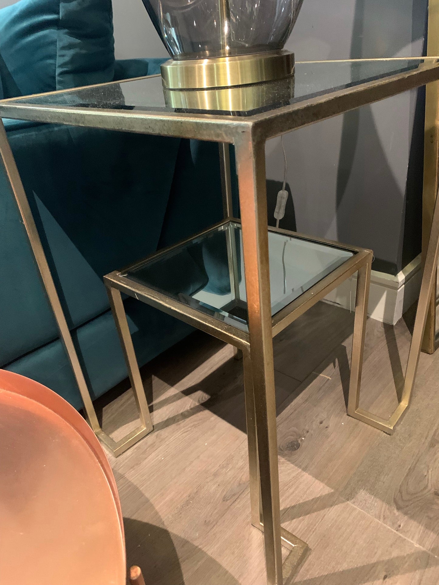 Antiqued gold champagne October 2 tier side table with shelf clearance for collection only
