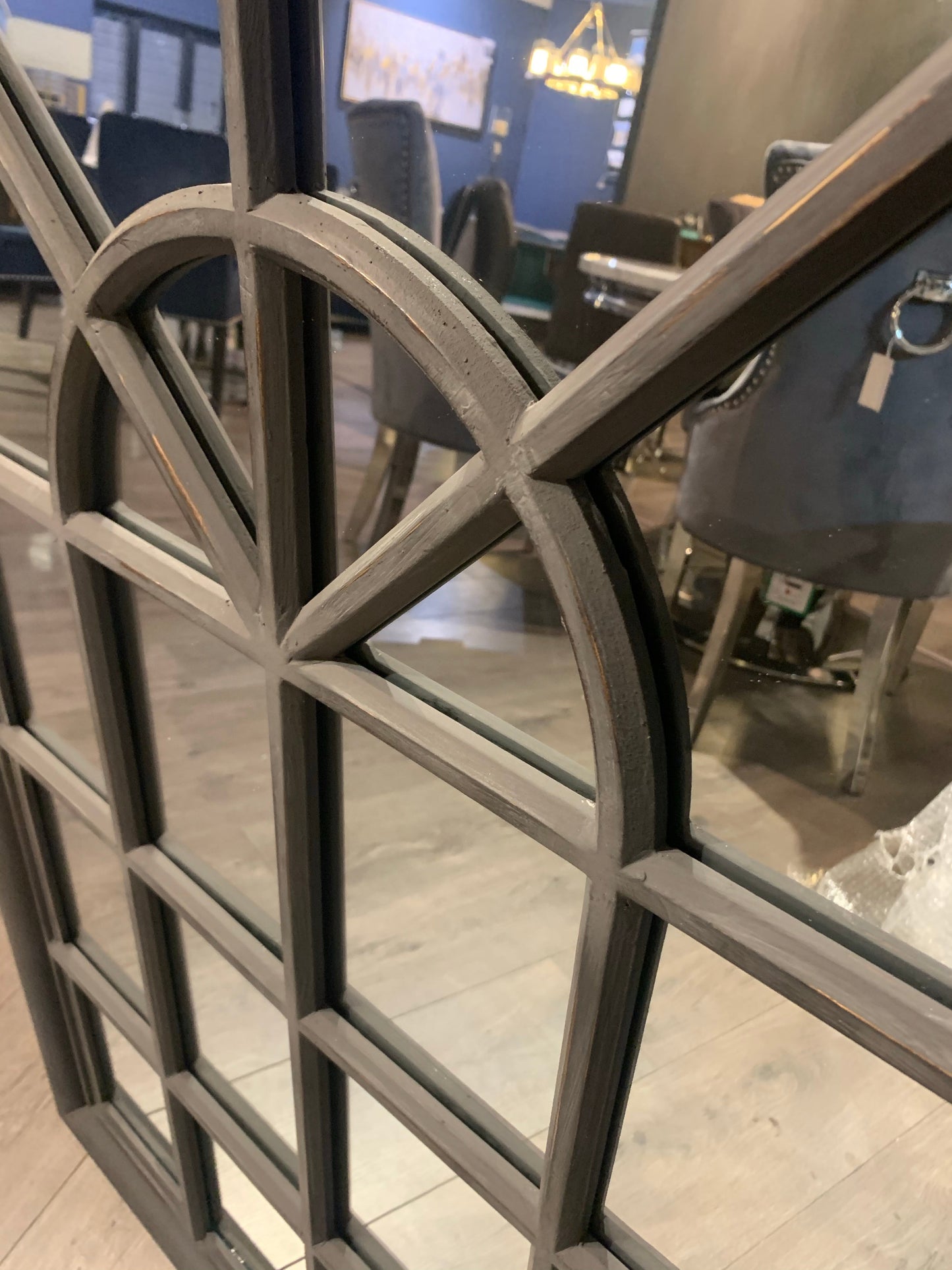 Charcoal grey window arch mirror reduced Instore for COLLECTION