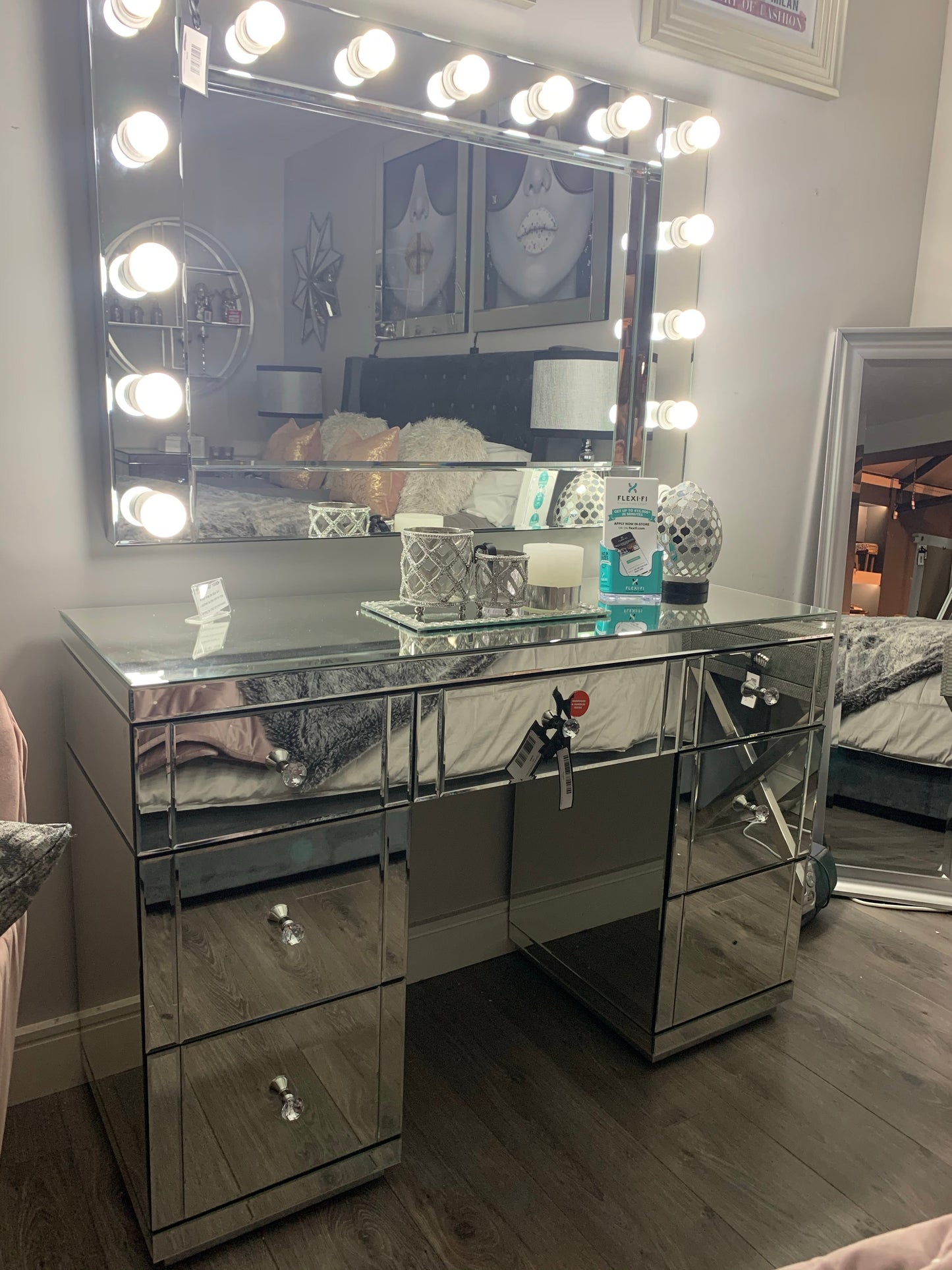 Rachel Hollywood 7 drawer glass mirrored dressing table on massive clearance offer View in store prior to purchase