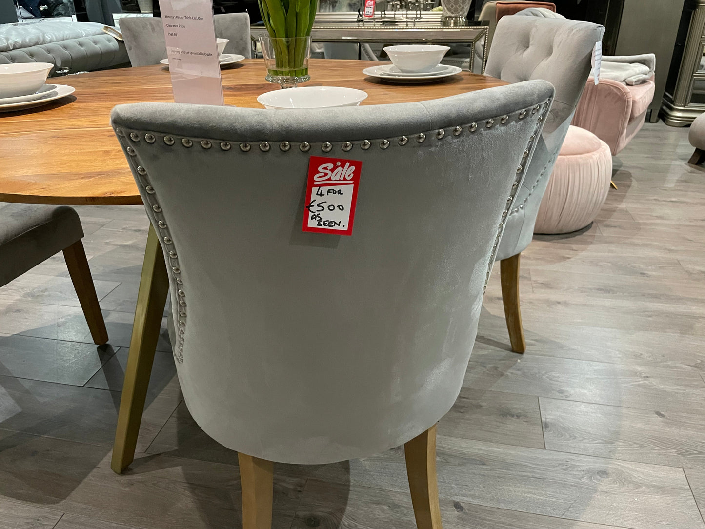Sandy velvet dining chairs x 2 Click n collect light blue or mustard now less than half price