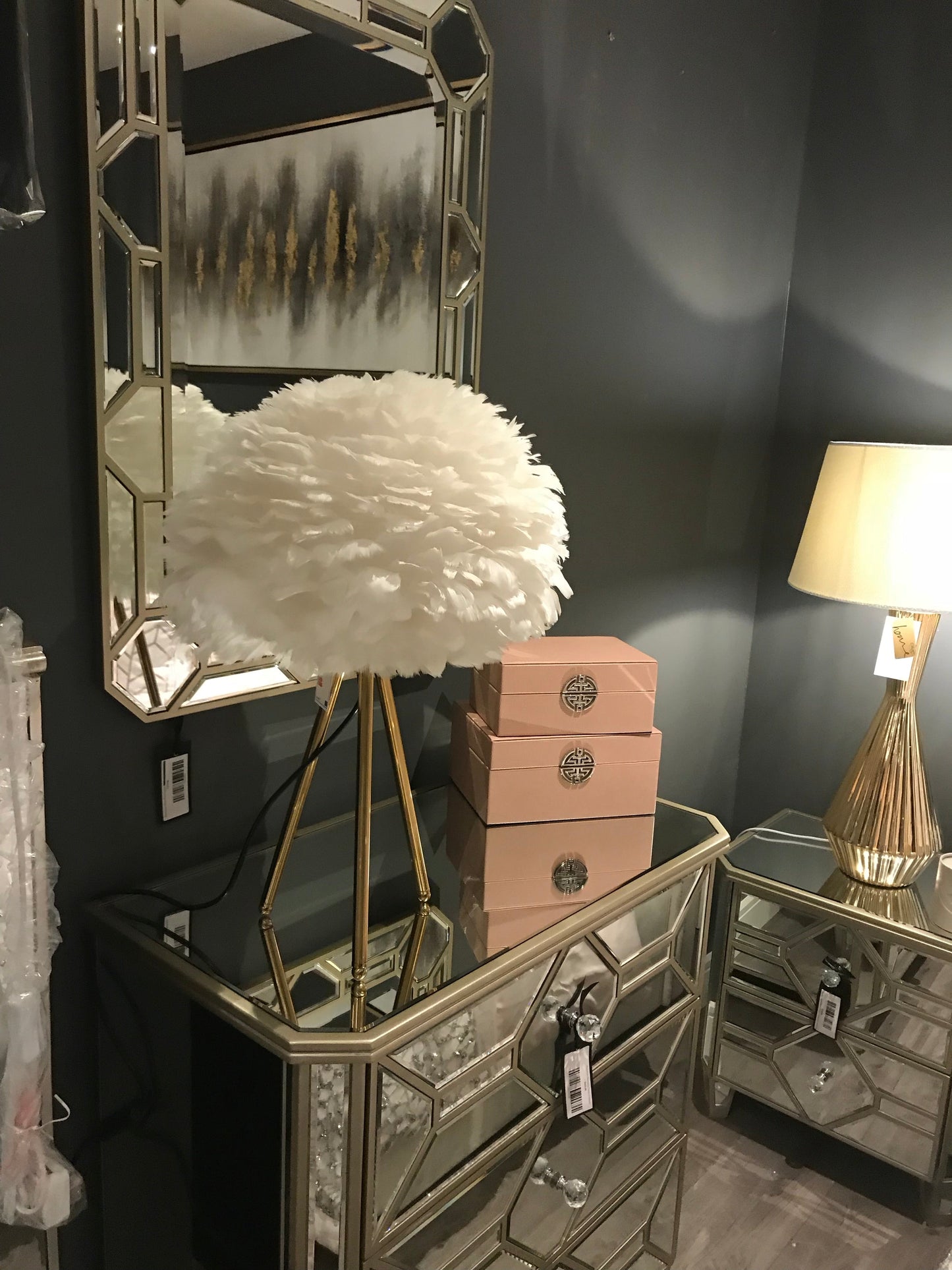 Brass lamp white Goose Feather SOLD AS SEEN