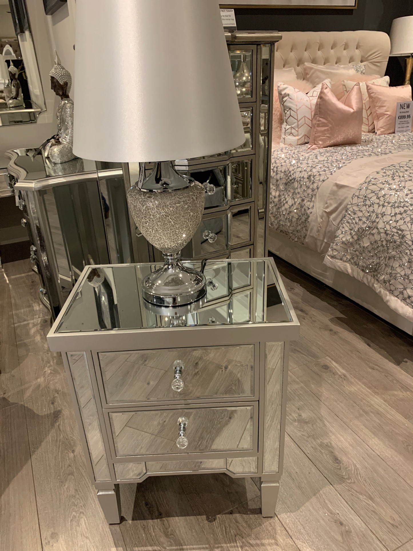 Vision 2 drawer mirrored Bedside Cabinet VALUE RANGE ! Champagne silver trim