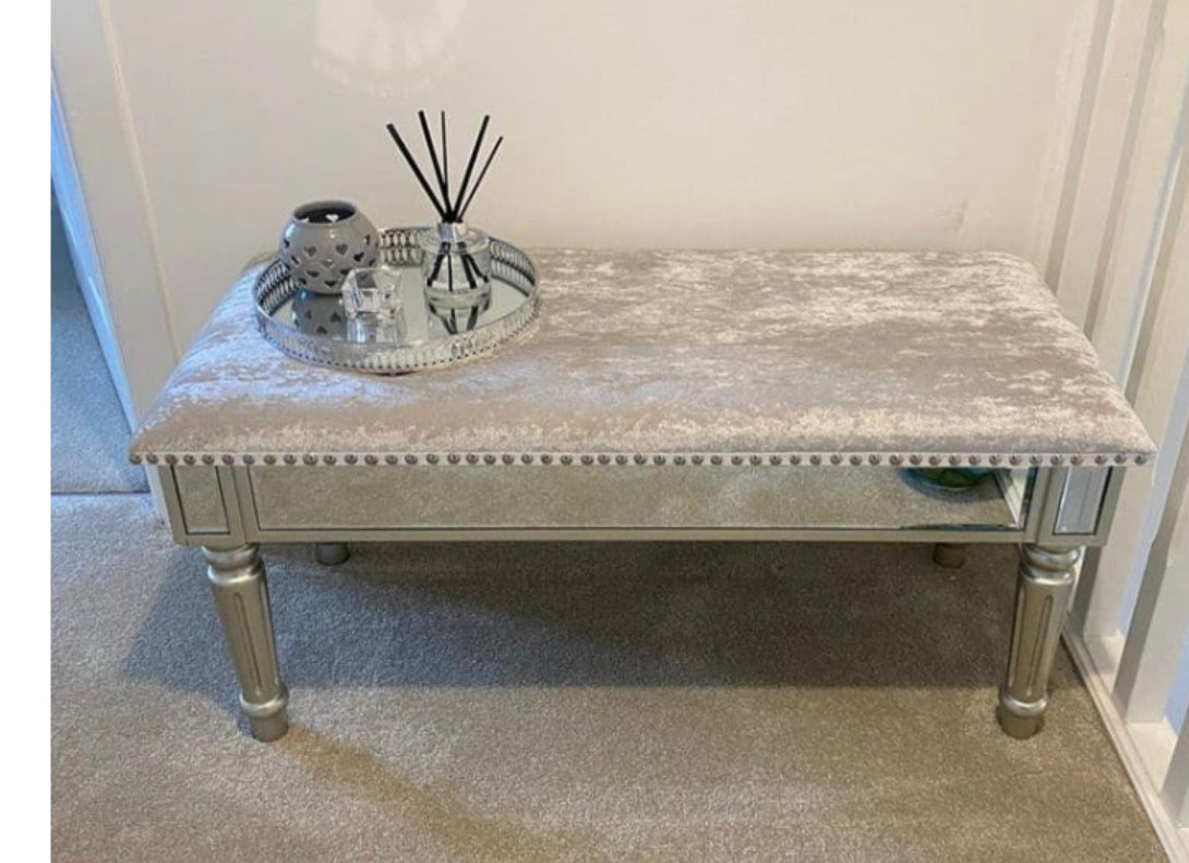 Upholstered mirrored Bench with linen Instore purchase only