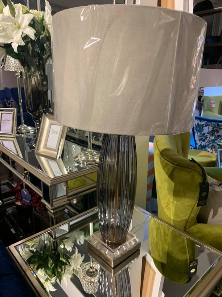 Tishan Kalmar table Lamp. smokey ribbed glass w brass base with cream shade click n collect