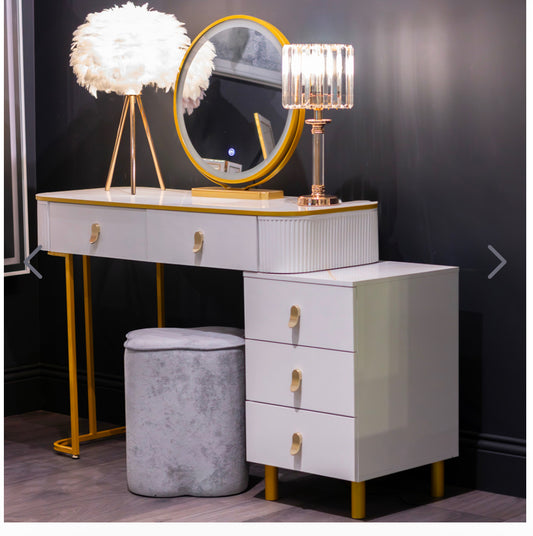 Karl  3 piece Dressing table w stool and mirror SPECIAL instore purchase . White marl .