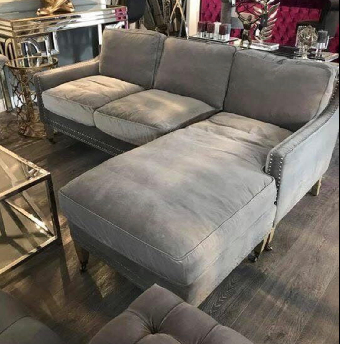 Patri  grey  velvet Corner L shape sofa with studs half price ex display