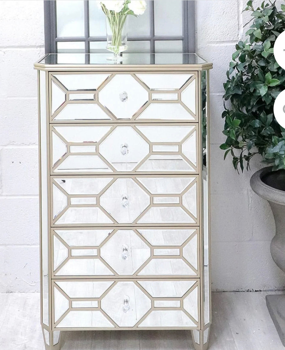 Romance tall boy 5 drawer cabinet in mirror and champagne silver less than half price sold as seen