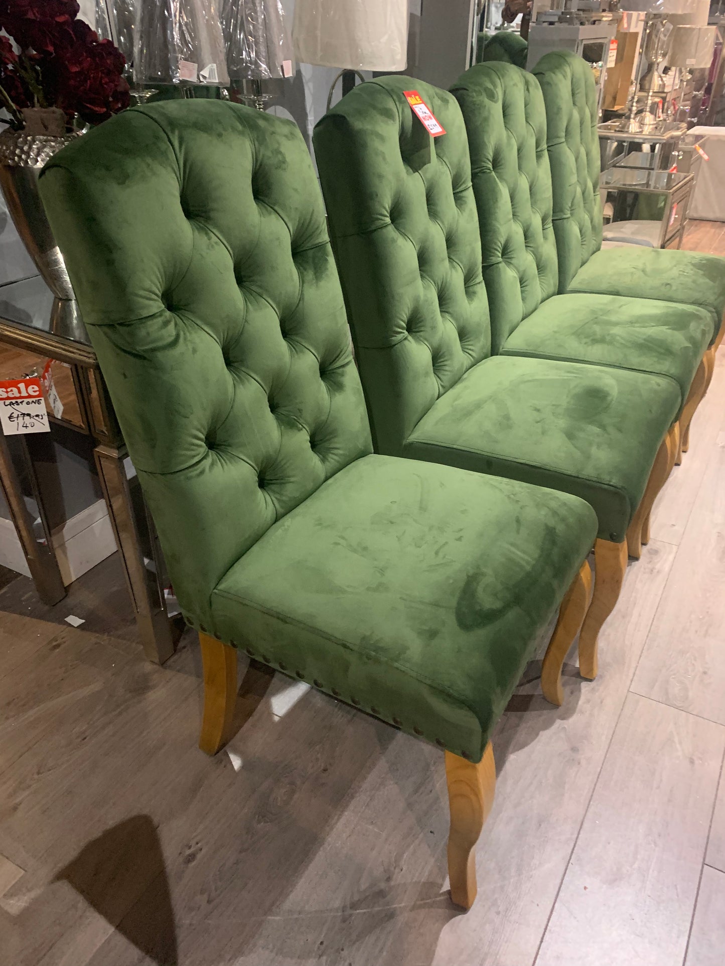 4 green velvet buttoned chairs