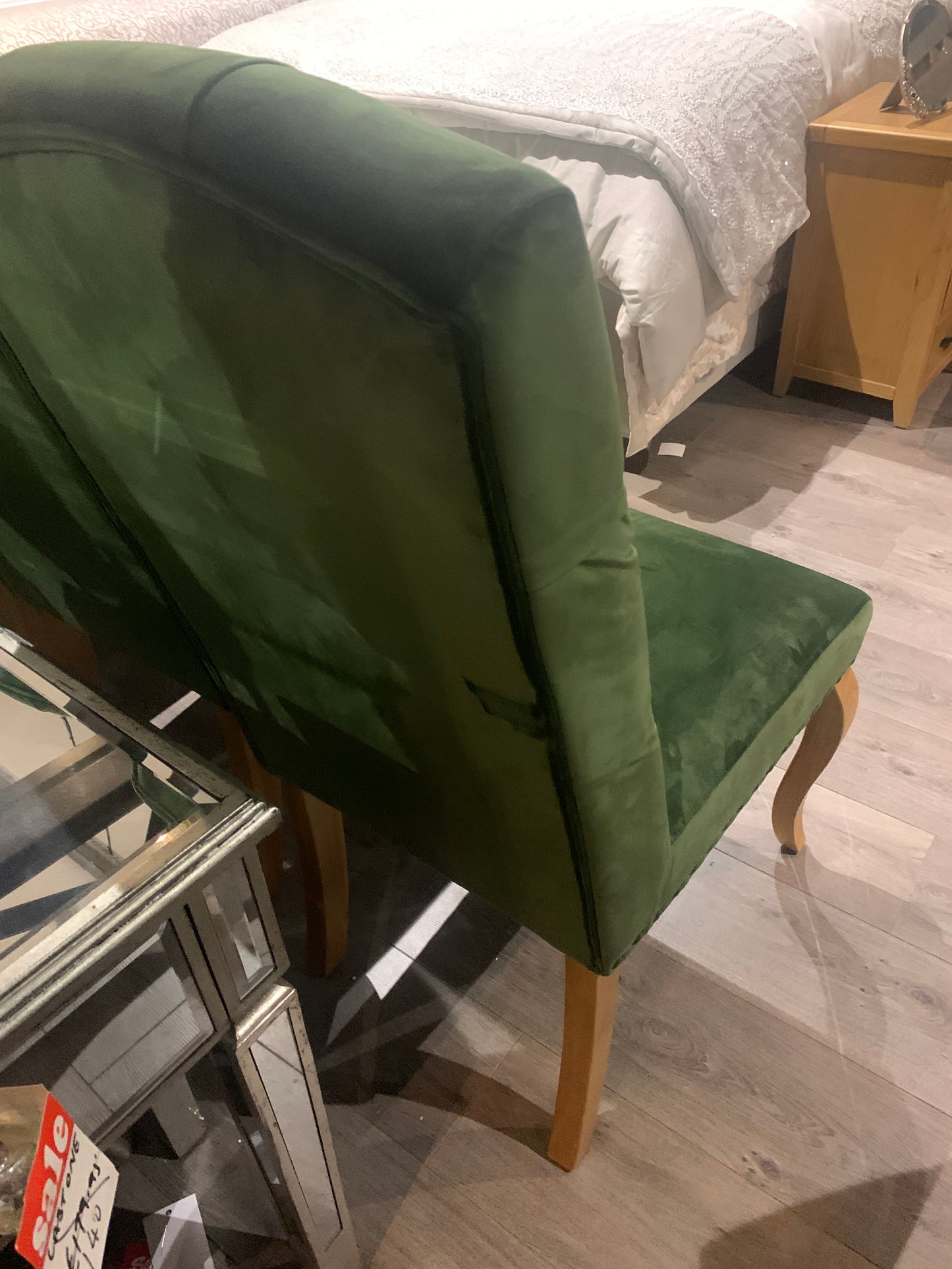 4 green velvet buttoned chairs