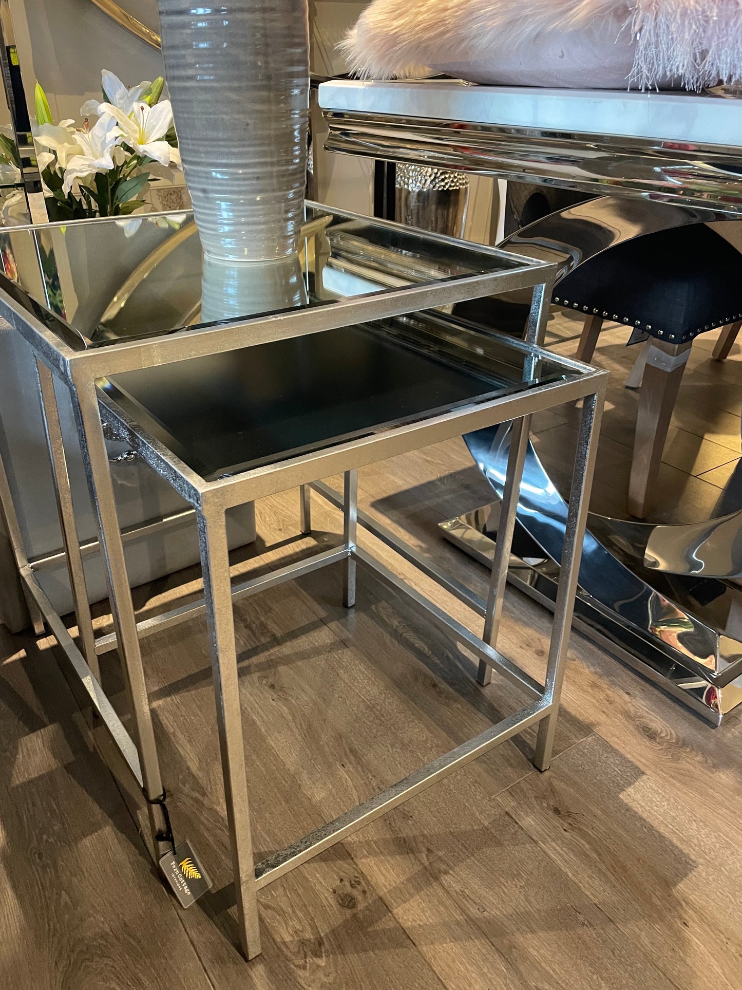 2 silver October tables clearance click and collect