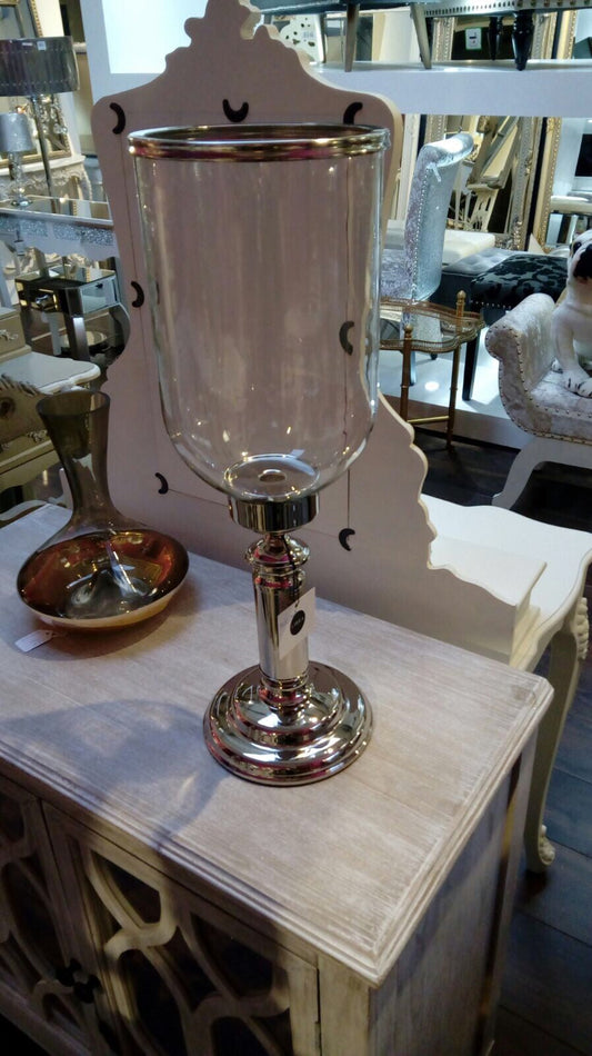 Rushford glass and nickel tall stemmed hurricane candle holder