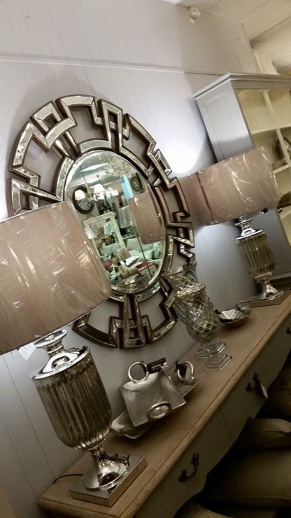 Silvered  urn glass cylinder lamp with taupe shade AVAILABLE