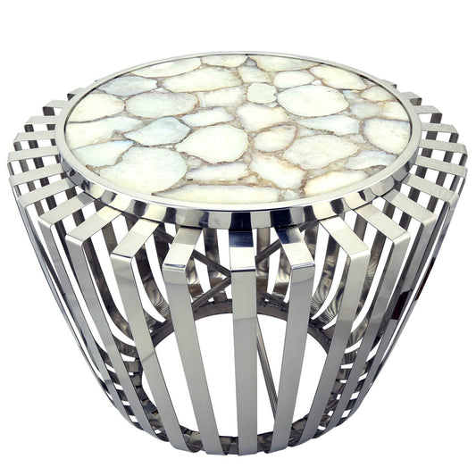 Stainless Steel Drum Shape Table W White Agate Top