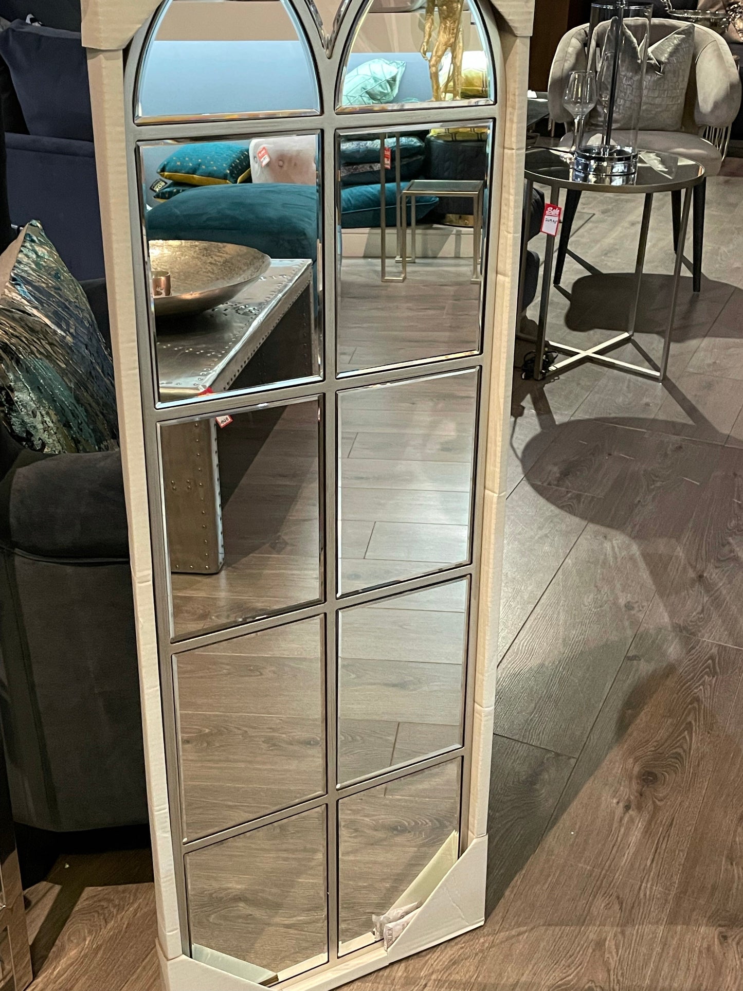 Paul large tall window mirror in champagne half price unwrapped on display