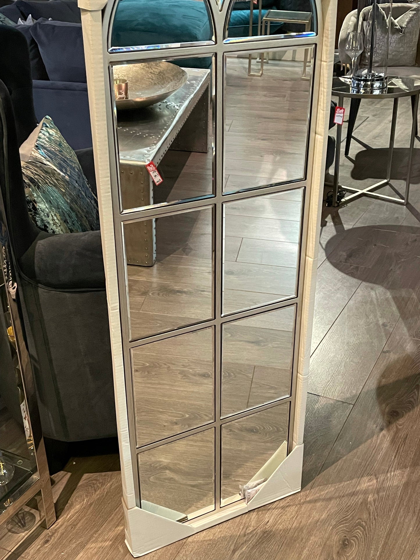Paul large tall window mirror in champagne half price unwrapped on display