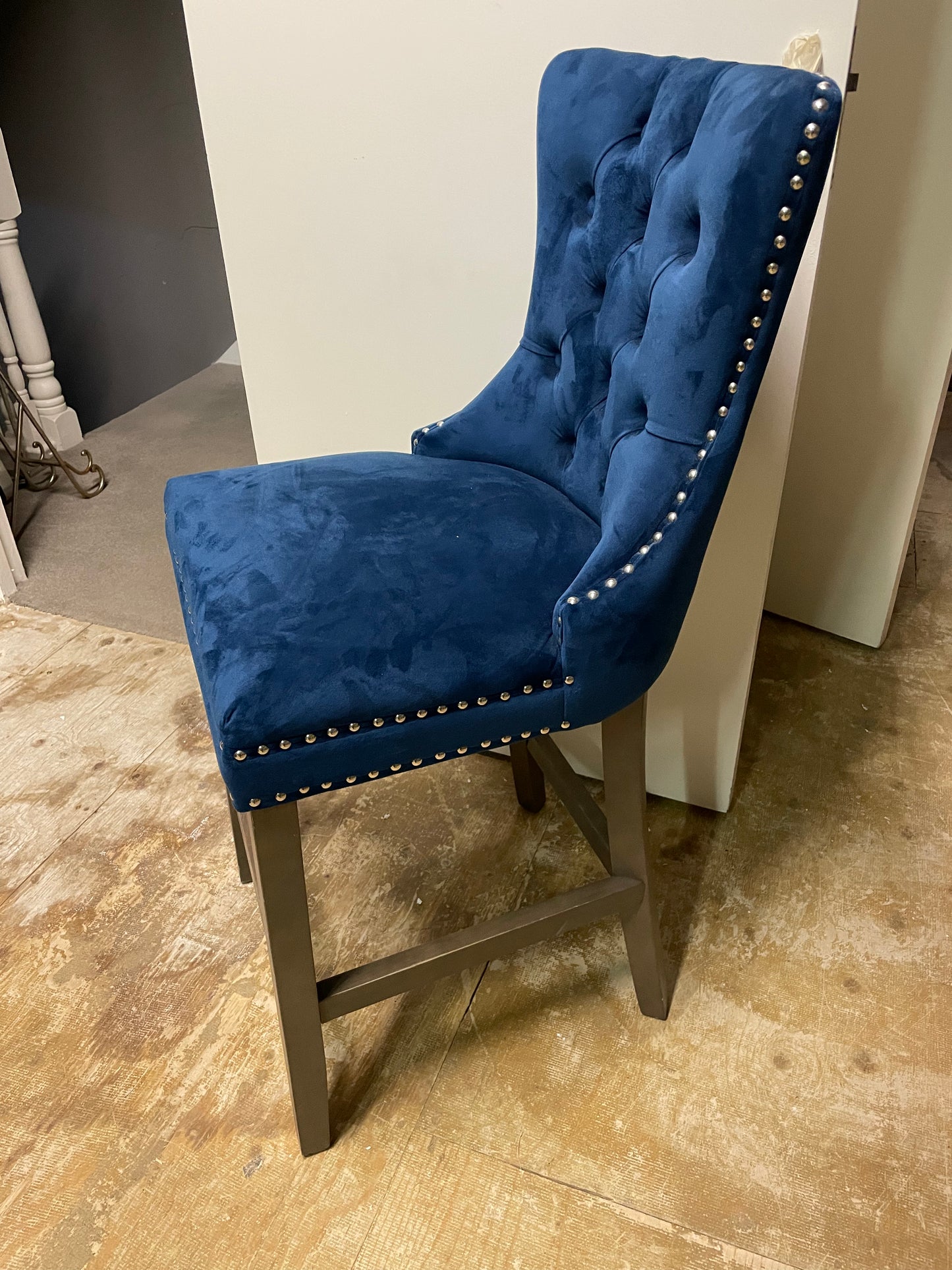 Navy Jonathan Paris velvet  bar stool with stud detail view Instore to purchase